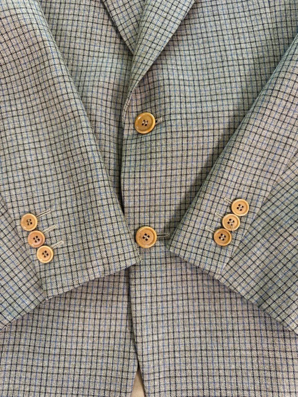 Preppy Trussini 42R Made in Italy Silk Blend Beige Blue Plaid Blazer Y2K Sport